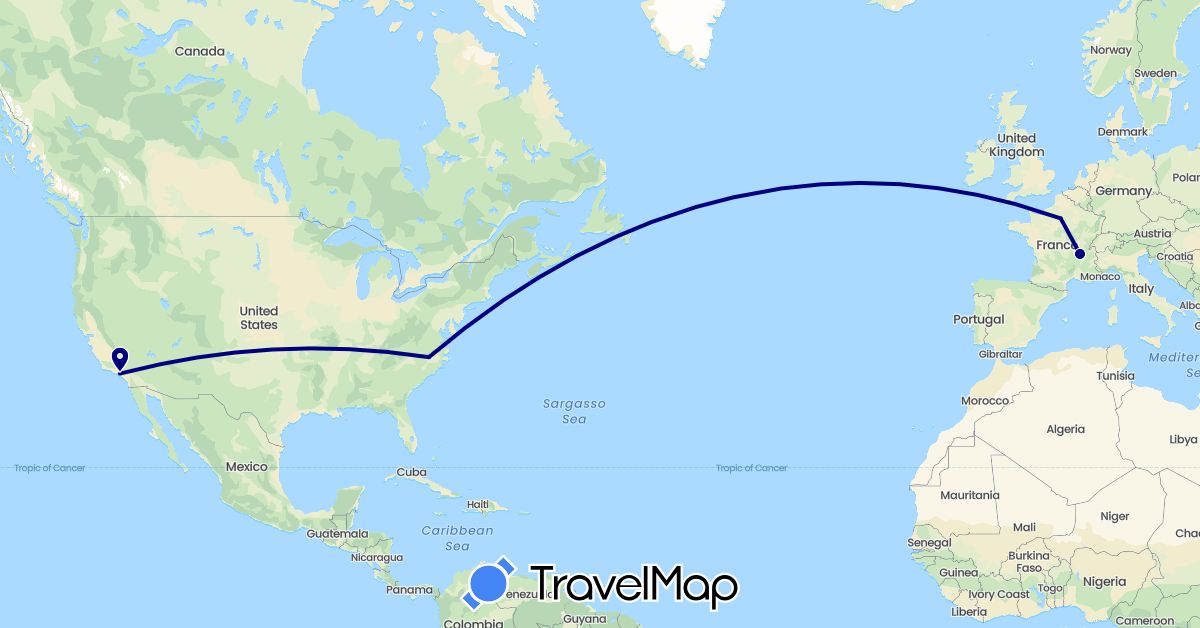 TravelMap itinerary: driving in France, United States (Europe, North America)